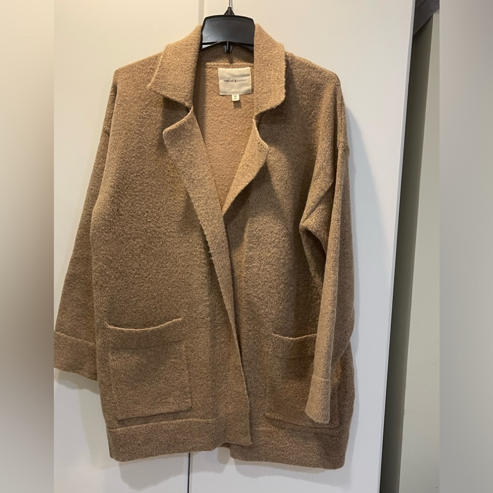 Thread & Supply Cozy Open-Front Cardigan in Camel Brown